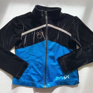 GK Elite Girls Gymnastics Dance Jacket Black Blue Velvet Zip Rhinestone Paw 10